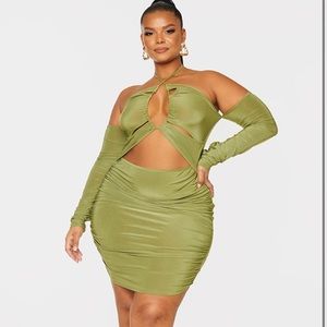 Plus Olive Slinky Ruched Cut Out Bodycon Dress